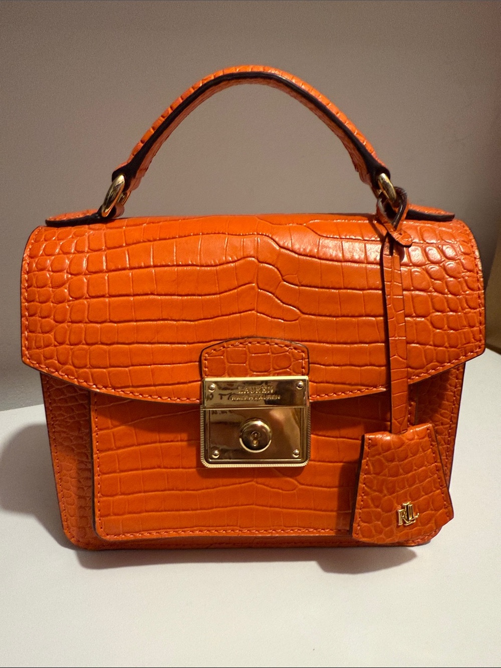 Lauren Ralph Lauren Orange Croc-Embossed Satchel with Gold Hardware